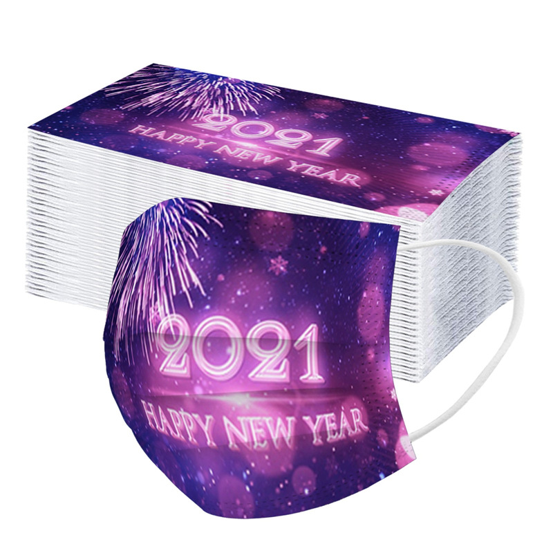 50PCS Disposable Adult 2021 Non-positioned New Year Printed Mask Three-layer Melting Jet Printing 2021 Dust Mask